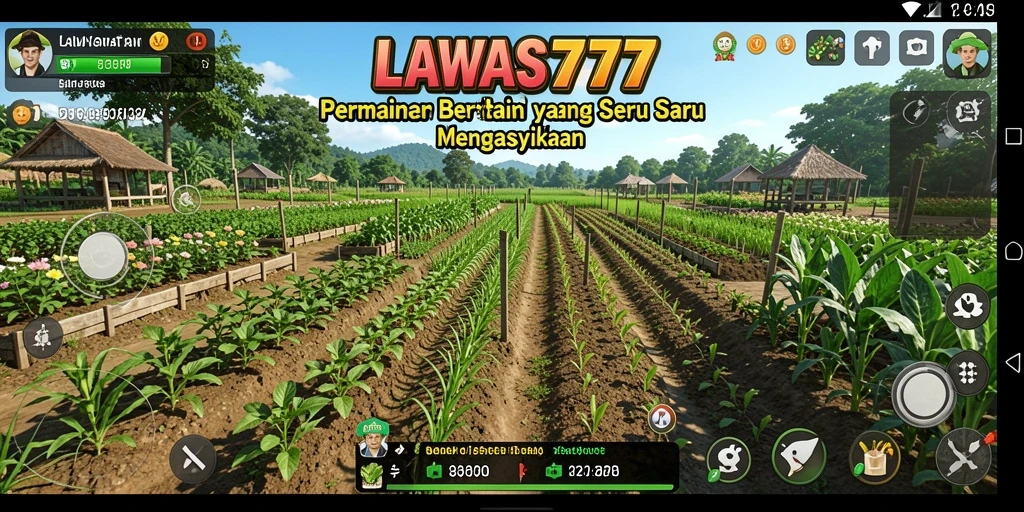 Tampilan gameplay LAWAS777 dengan ladang yang subur dan hewan ternak yang lucu.